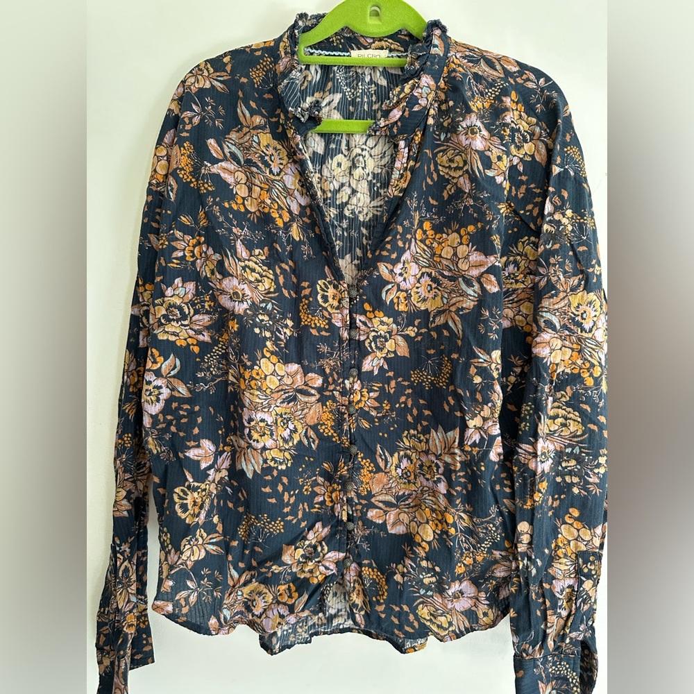Anthropologie Floral Blouse - Dark Blue and Yellow